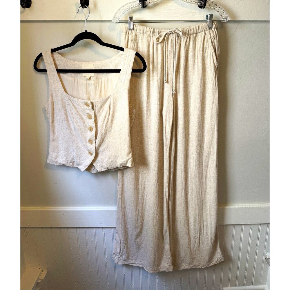 tgla Beige Linen Blend 2pc Set M Tank & S Wide-Leg Drawstring Pants